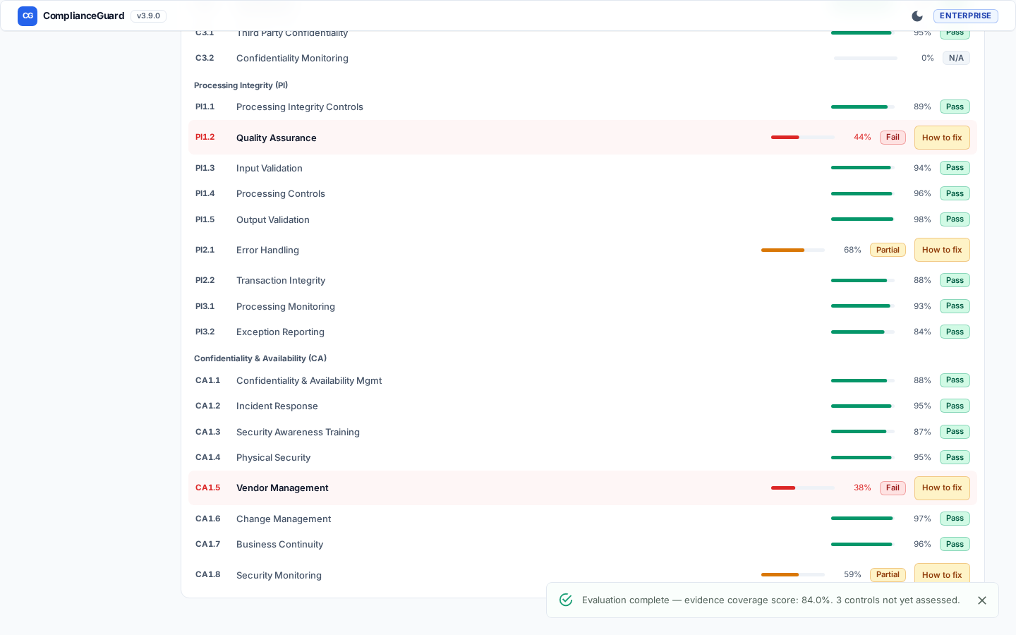 ComplianceGuard control heatmap showing passing, partial, and failing SOC 2 controls with per-control gap details and remediation scripts