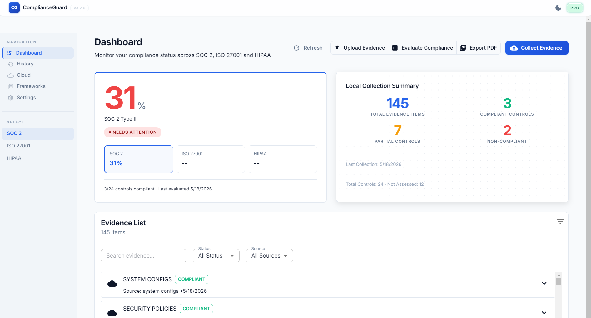 ComplianceGuard dashboard showing a real-time compliance score, per-category breakdowns, and a per-control heatmap