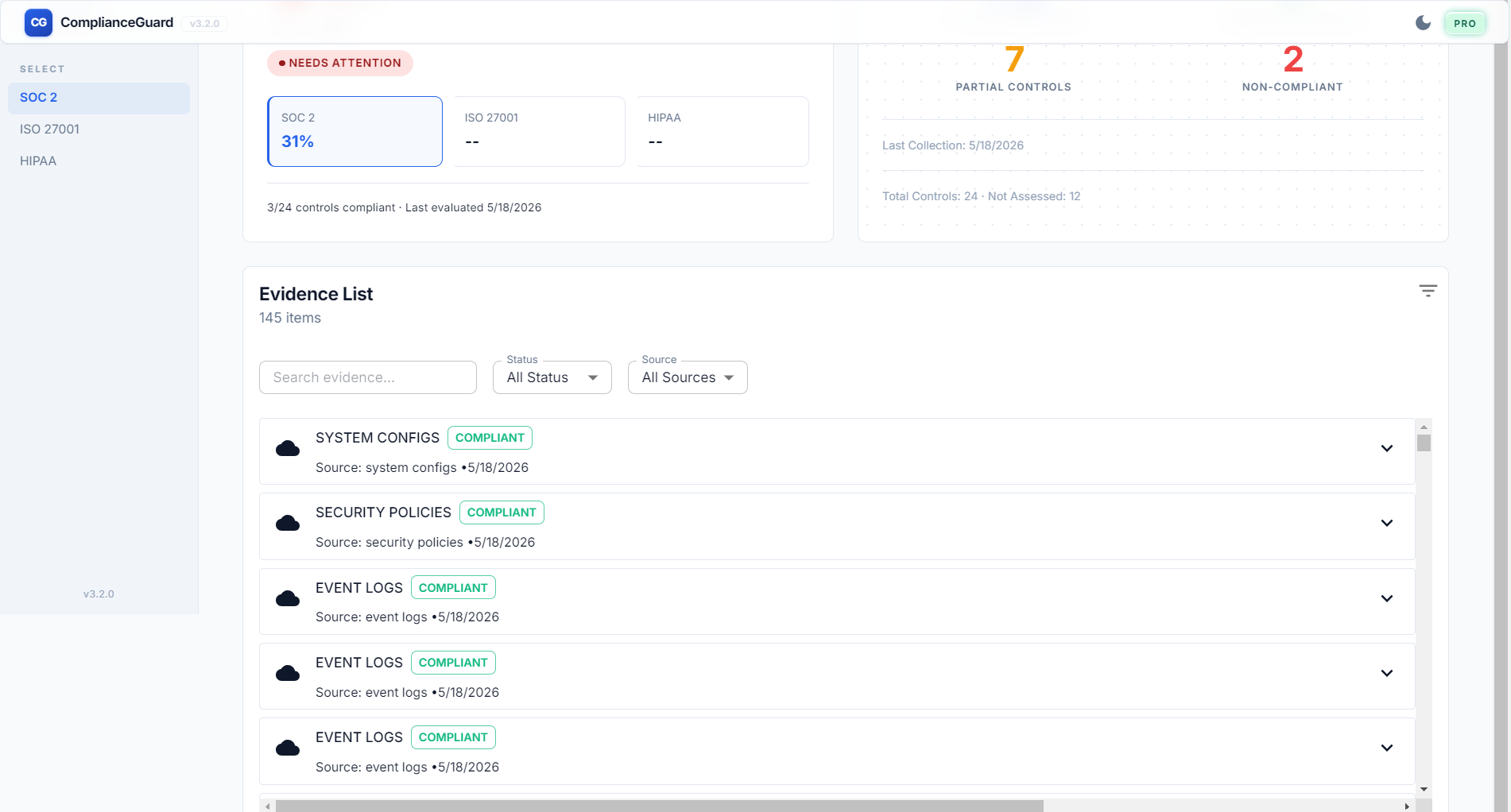 ComplianceGuard evidence list with searchable, filterable evidence items and their compliance status